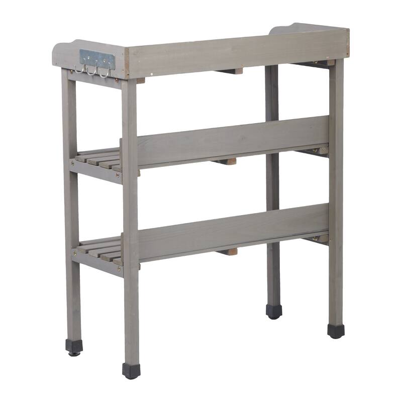 30"x14.5"×35.5" Potting Table w/Metal Tabletop, 3 Layers Outdoor Work Bench w/Hook for Garden, Solid Wood Workstation for Garage