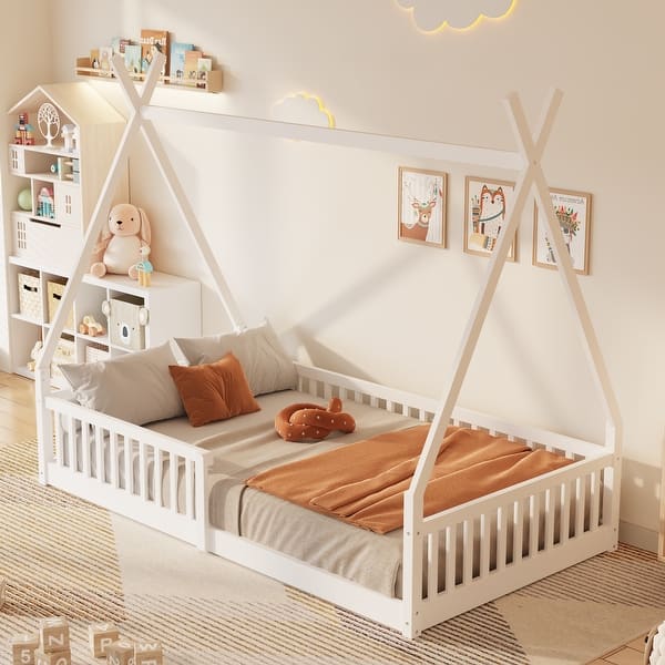 slide 2 of 22, Wood House Bed Floor Bed Twin Size Frame Bed with Fence White - Twin