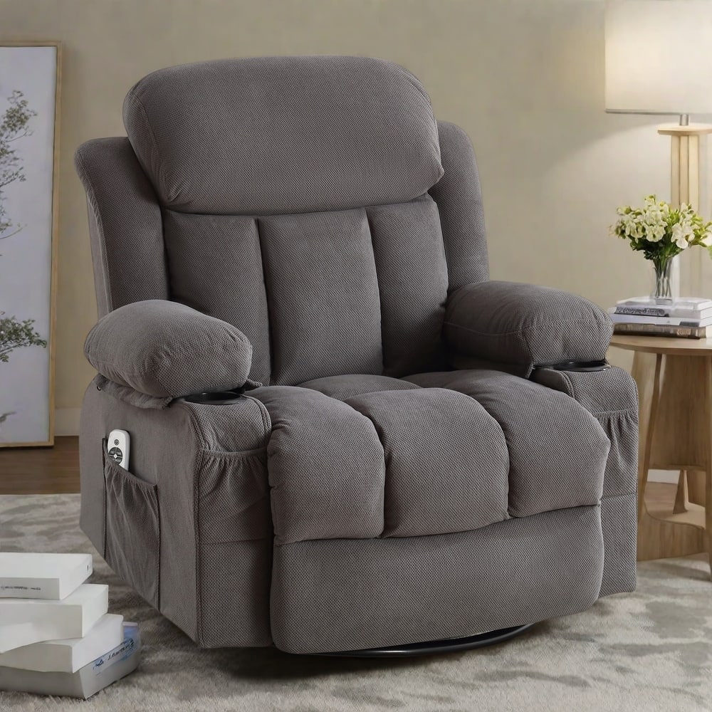 Swivel Massage Recliner Chair with Heat, Velvet Fabric Lounge Chair with 8-Point Massage, Manual Control, USB Charging