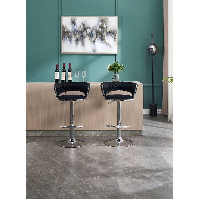 Set of 2 Velvet Bar Stools with Chrome Footrest and Base Swivel Height Adjustable Mechanical Lifting, Simple Bar Stool