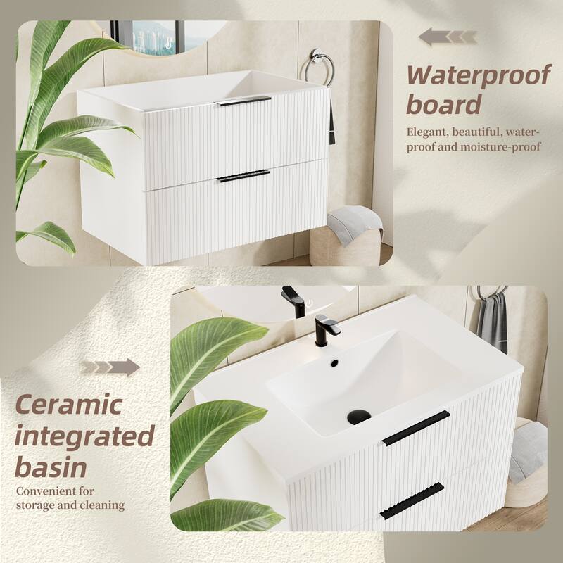GDFStudio - Zen Modern Mid-Century Wall-Mounted Bathroom Vanity with 2 Soft Close Drawers & Large Storage Spaces, WITHOUT Sink