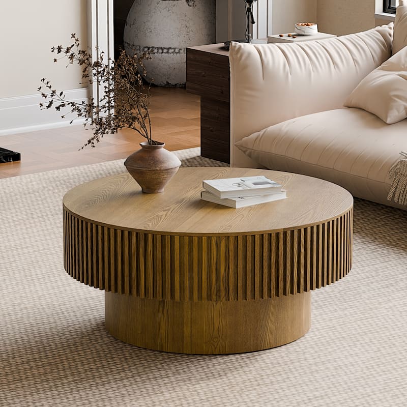 Modern 31.5" Round Coffee Table with Storage Solid Wood Veneer for Living Room and Bedroom Use