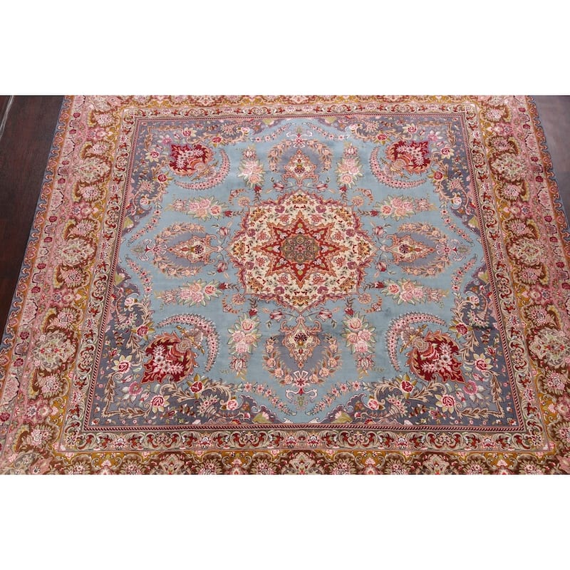 Hand Knotted Oriental 100% Wool Carpet Traditional Floral Navy Blue & Blues Tabriz Area Rug - 9' 9'' X 9' 10''