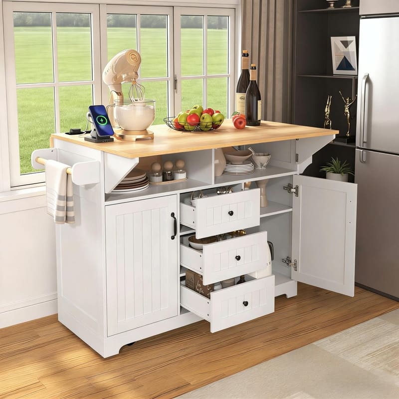 55.7" Rolling Kitchen Island with Double Drop Leaf, Power Outlet, 3 Drawers, Spice & Towel Rack, Folding Dining Table Cart