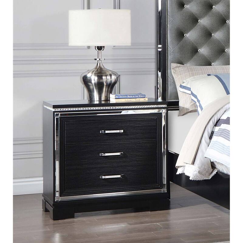 Glam Black 2-Drawer Nightstand with Mirrored Trim, Crystal Border, Felt Lined Drawer and USB Charging Ports