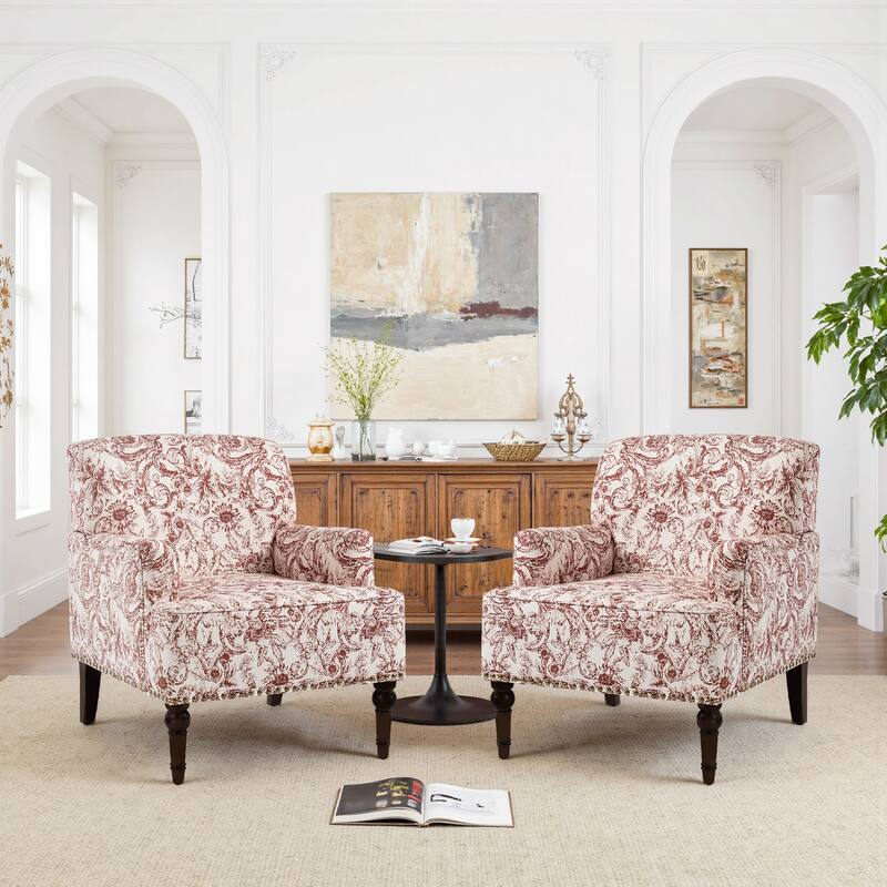 Set 2 Striped Upholstered Linen Armchair with Brass Nailhead Trim