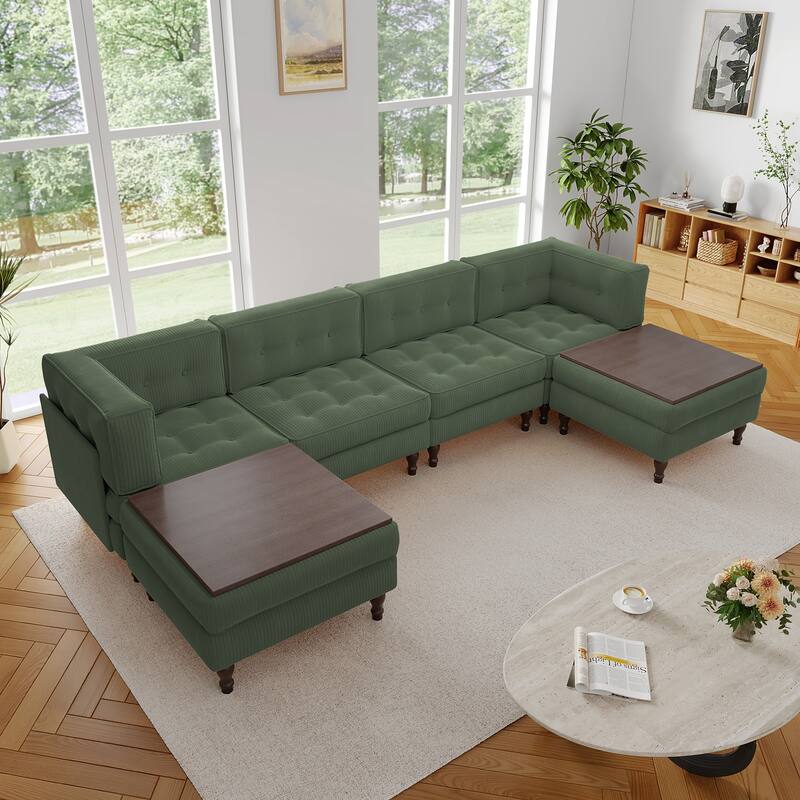 130"W Corduroy Upholstered Modular Sectional Sofa with Storage Ottoman