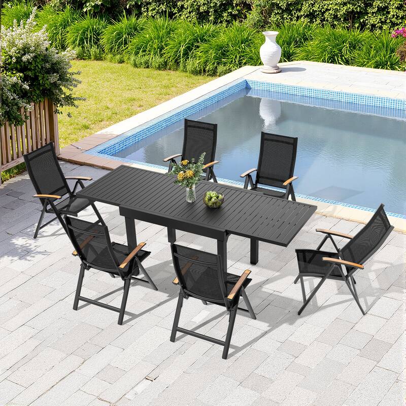 5/7/11-Piece Outdoor Patio Dining Set Aluminum Expandable Rectangular Dining Table with Adjustable Back Folding Chairs