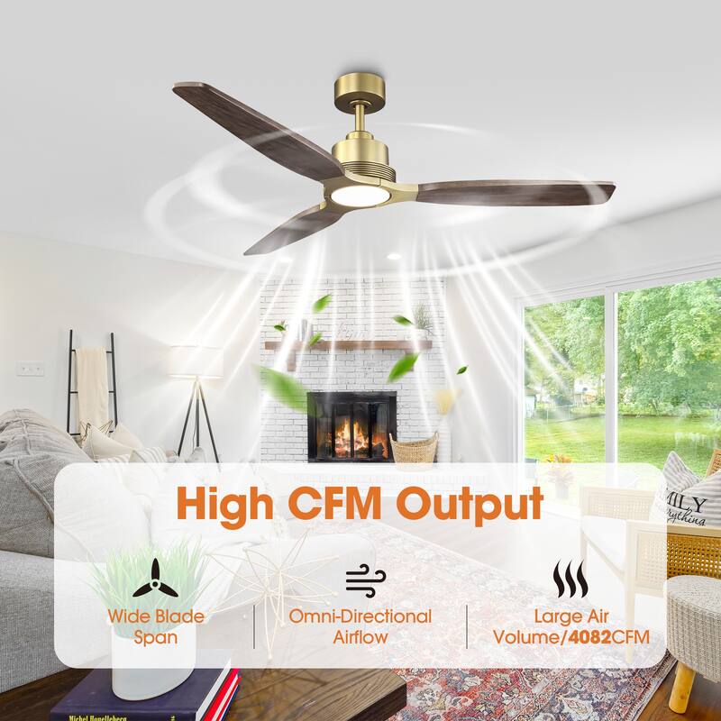 Parrot Uncle 56" Farmhouse Solid Wood Diammable LED Gold Ceiling Fan with Remote and Light