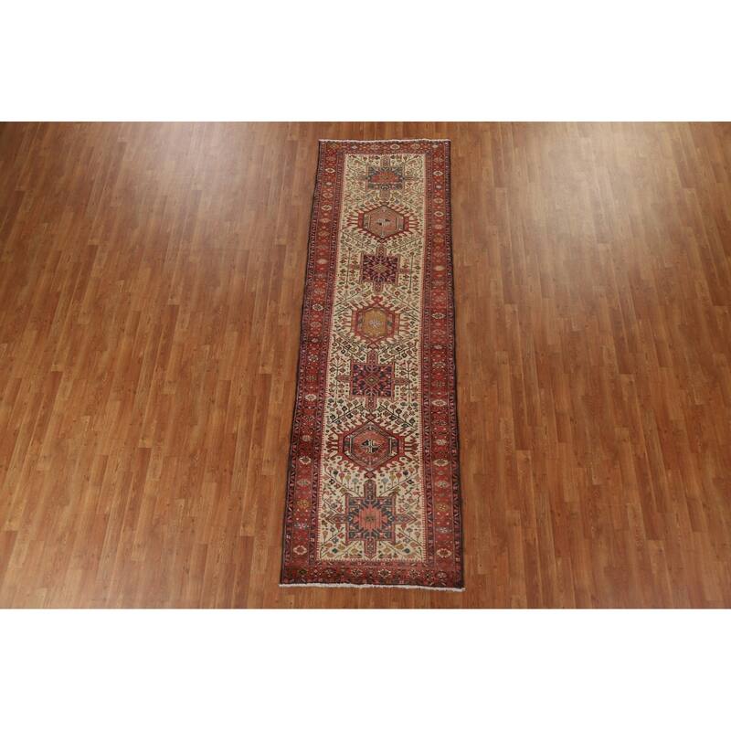 Hand Knotted Oriental 100% Wool Carpet Traditional Geometric Beige & Ivories Heriz Runner Rug - 10' 7'' X 3' 3''