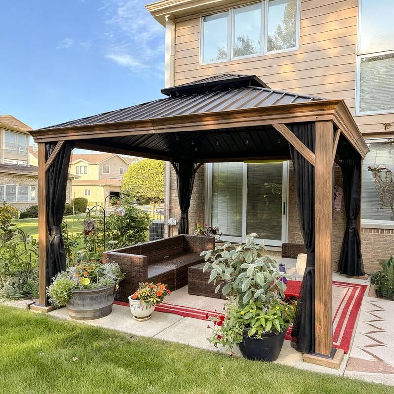 PURPLE LEAF Hardtop Gazebo Galvanized Steel Roof Gazebo Pergola w Wooden Coated Alumninum Frame and Mosquito Net