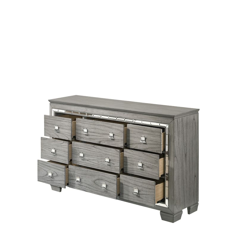 Dresser with 9 Drawers and Mirror Trim Inlay, Gray