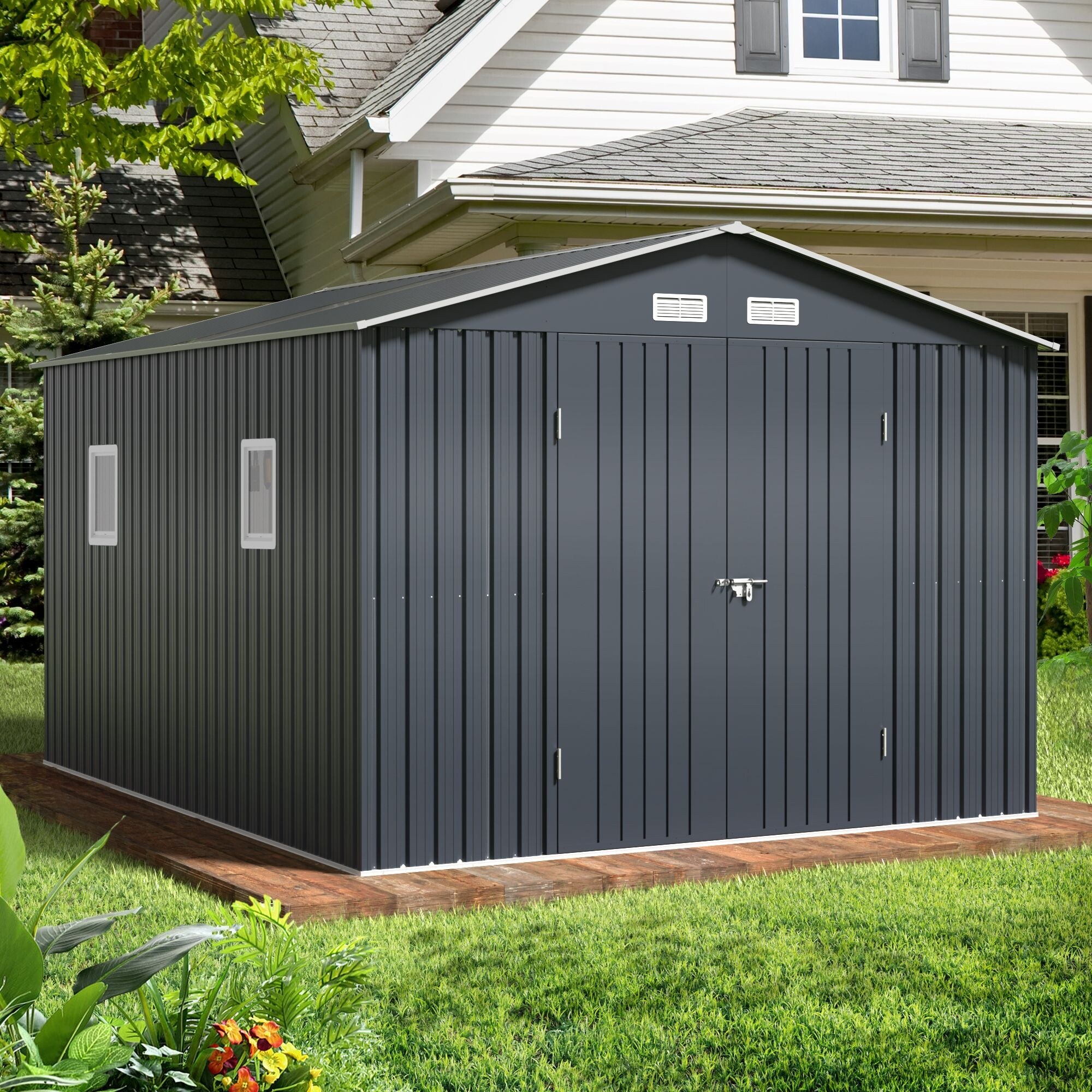 だーま10 Lava Star 10' x 12' Outdoor Steel Storage Shed with Lockable Doors