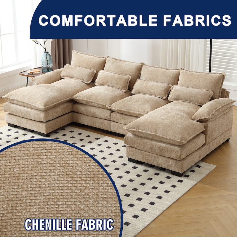 Chenille Upholstered U-Shaped Living Room Sectional Sofa With Wooden Legs