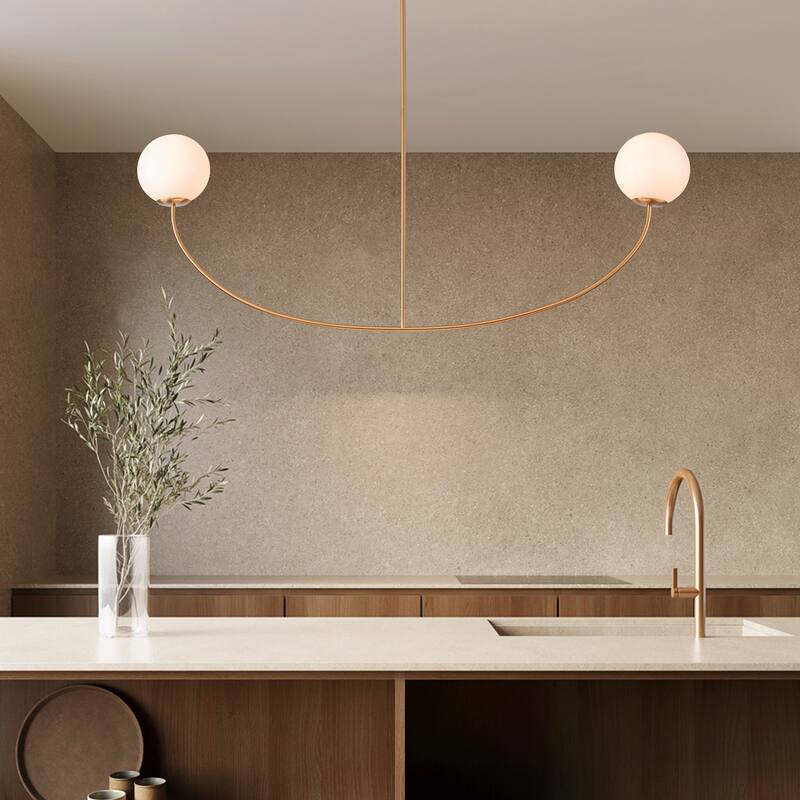 55" Modern Linear 2-Light Brass Finish Island Pendant with Milk White Glass Globe Shades for use in Dining Room