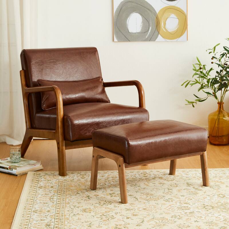 Glitzhome 30.75"H Mid-Century PU Leather Armchair with Ottoman Set - Brown