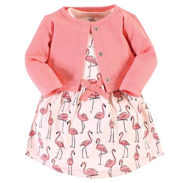 slide 1 of 1, Touched by Nature Baby and Toddler Girl Organic Cotton Dress and Cardigan, Pink Flamingo 3T - Pink Flamingo