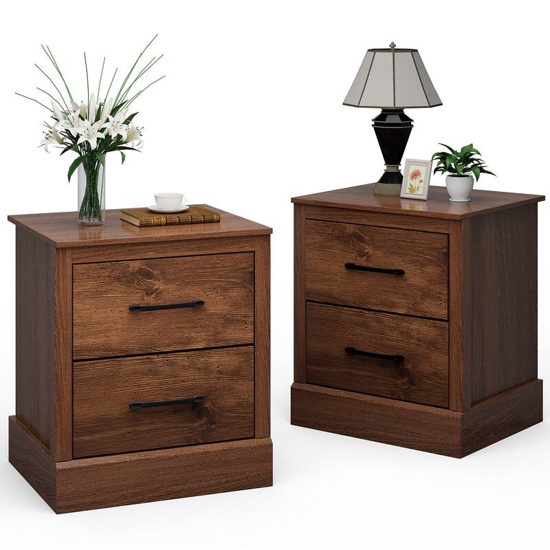 Gymax Set of 2 Drawer Nightstand Bedside Table Compact Sofa End Table - Brown - Wood