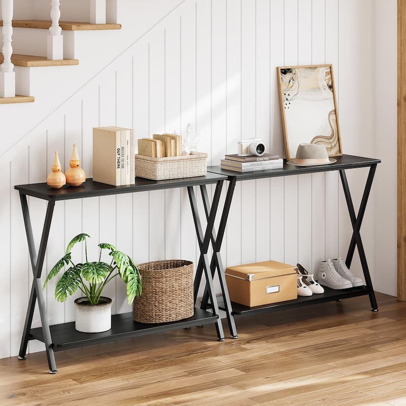 Farmhouse Console Table Barn Style with Shelf and Metal Frame