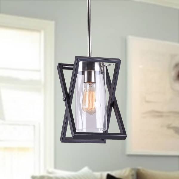 slide 2 of 3, Katie Matte Black+Grey Abstract Metal Frame 1-Light Pendant with Cylinder Clear Glass Shade