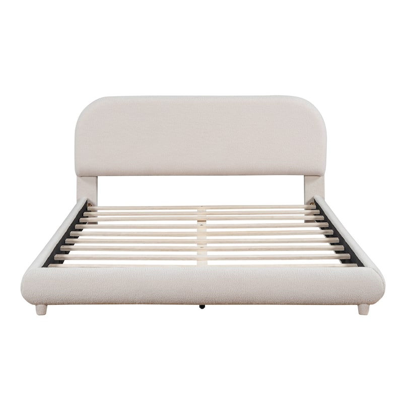 Queen Size Upholstered Platform Bed with Curve-shaped Design, Beige