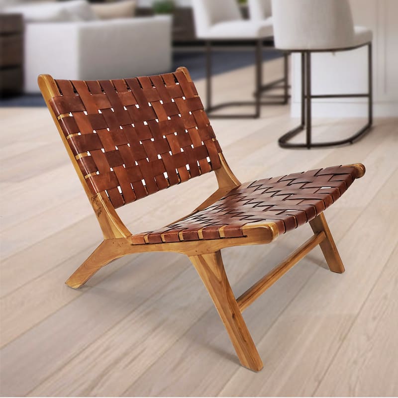 Brisot Square Weave Leather on Teak Wood Lounge Chair
