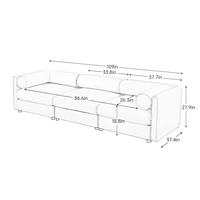Modern 3 Deep Seat Modular Sofa with Storage, Cylindrical Backrest & Armrests