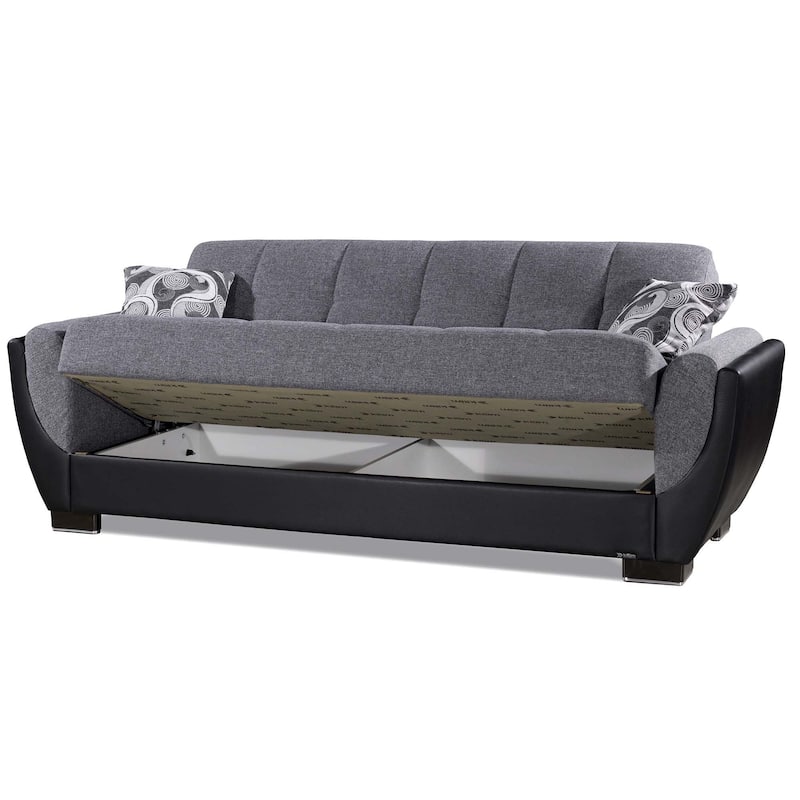 HomeRoots 93" Black And Gray Chenille And Faux Leather Convertible Futon Sleeper Sofa With Toss Pillows And Storage