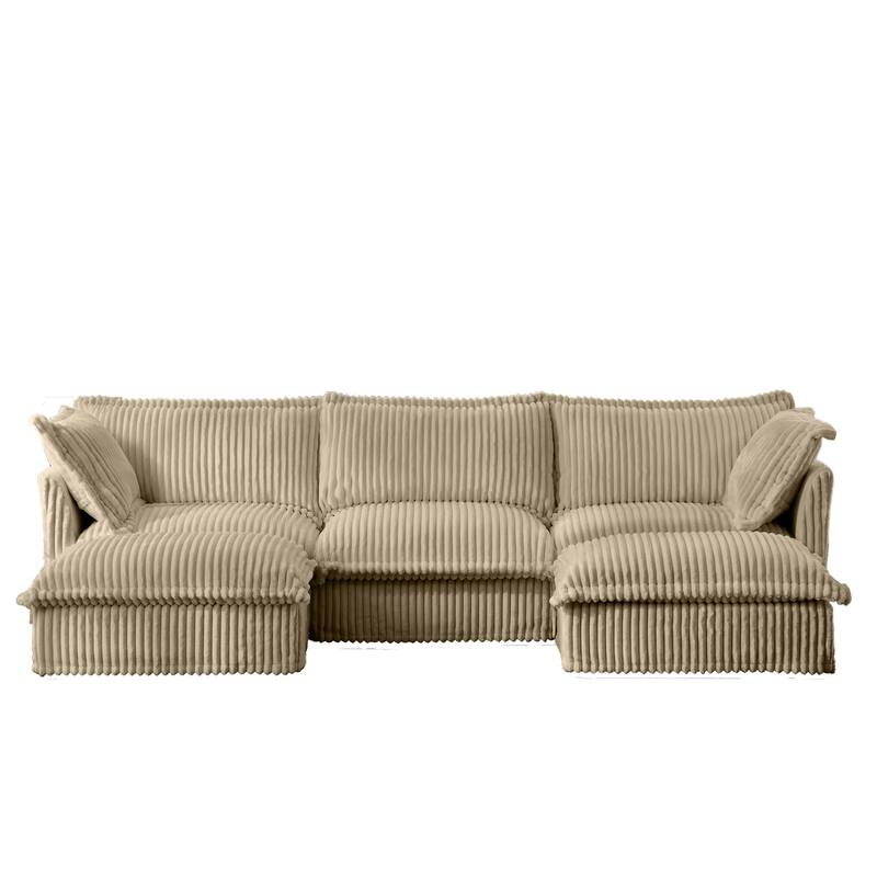 Modern 3 Seater Upholstered Sofa with 2 Ottomans and 2 Pillows - Camel