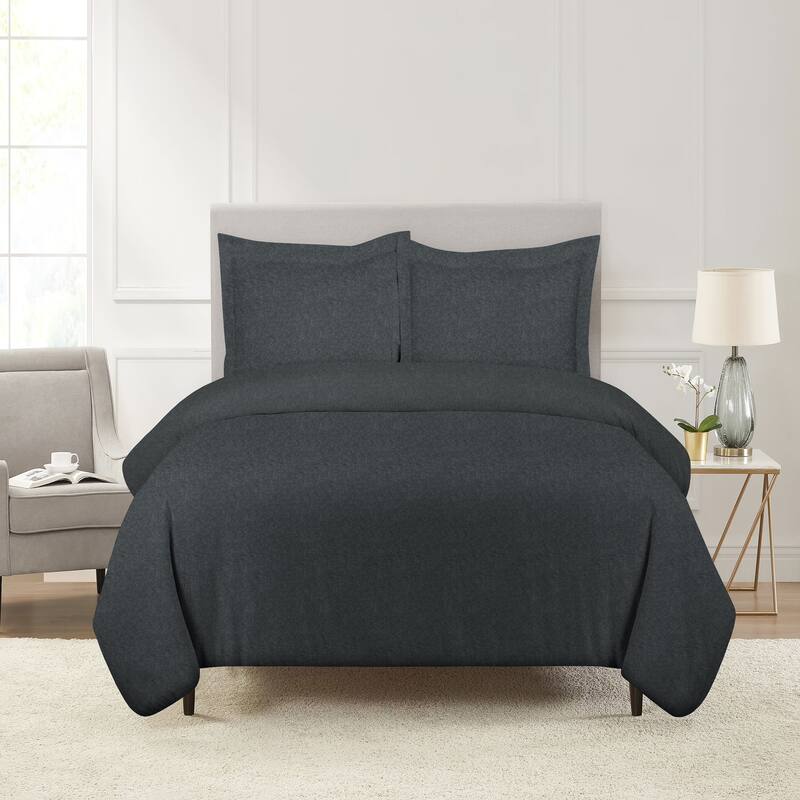 Pointehaven Flannel 180 GSM Brushed Soft Cotton Oversized Solid Duvet Sets - Twin - Twin XL - Heather Charcoal