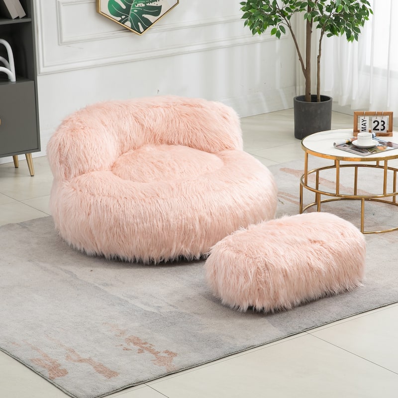 Plush Upholstered Round Comfort Lounger Bean Bag Chair with Ottoman