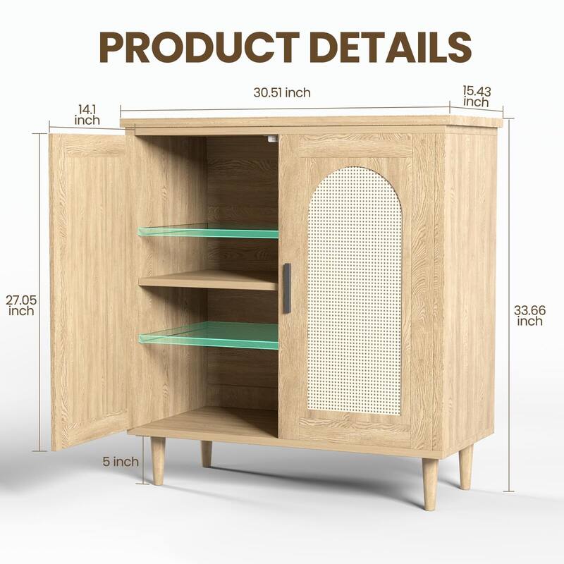 Sideboard Buffet Kitchen Storage Cabinet with Rattan, Solid Wood Feet for Living Room