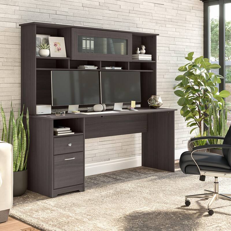 72W Computer Desk with Hutch and Drawers by Bush Furniture - Heather Gray