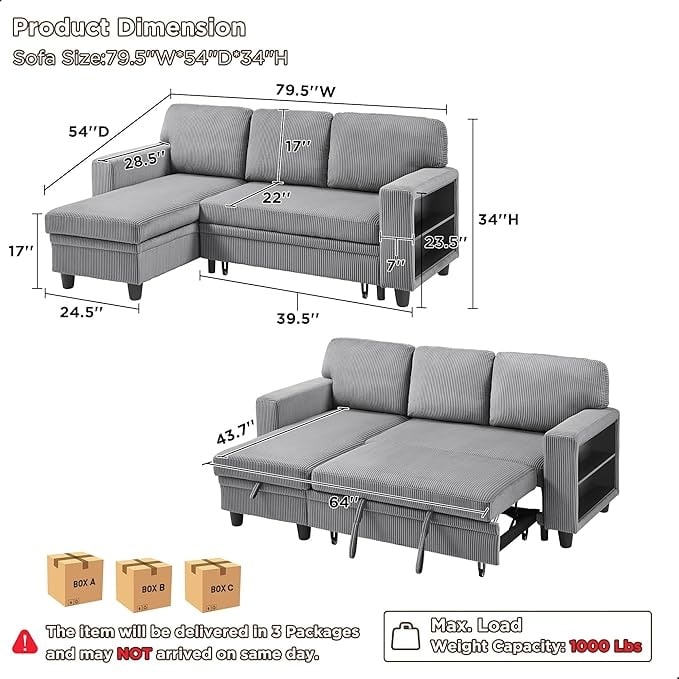 Modern Sleeper Sofa Bed, Couch Bed with Bookshelves & Charging Port