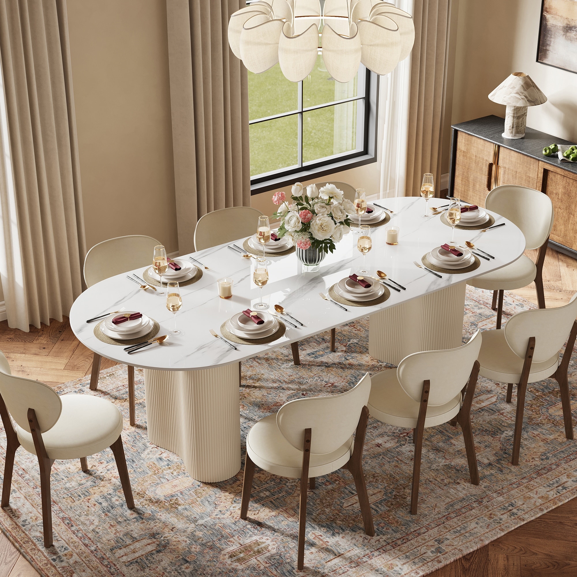 Glossy White Sintered Stone Oval Dining Table Double Round Legs, Seats 6-8, White & Pandora Available