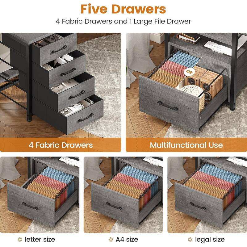 Home Computer Desk File Drawer & Power Outlet 5 Drawer Monitor Shelf