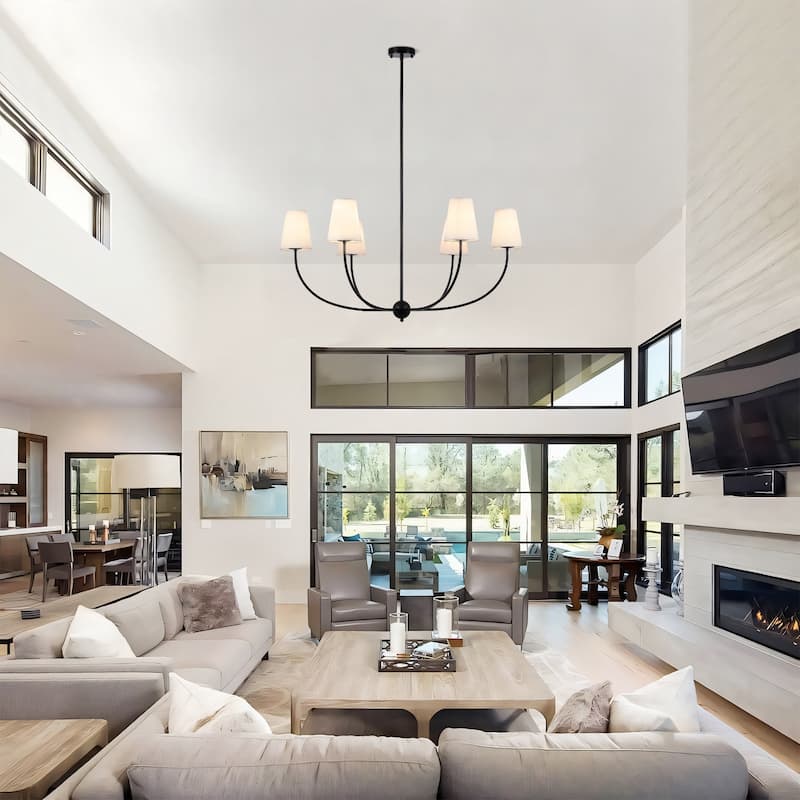 6-Light Wide Retro Black Finish Chandelier With White Fabric Shade