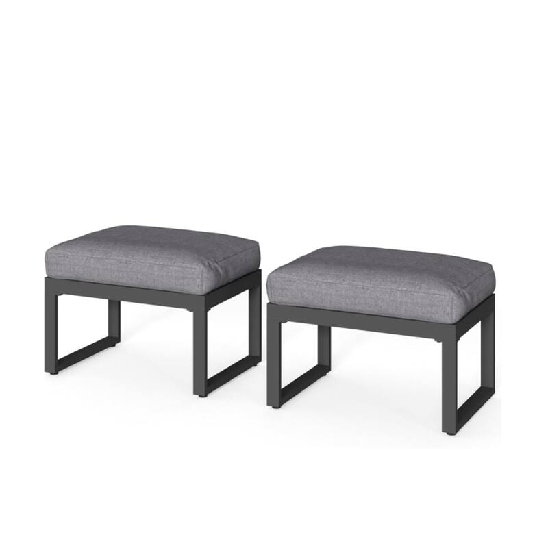 Set of 2 26" Aluminum Patio Ottomans with Thick Gray Cushions