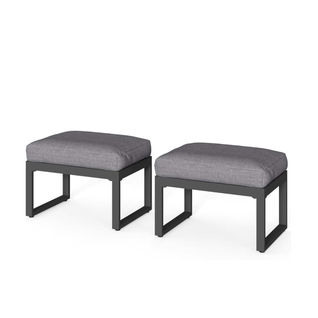 Set of 2 26" Aluminum Patio Ottomans with Thick Gray Cushions
