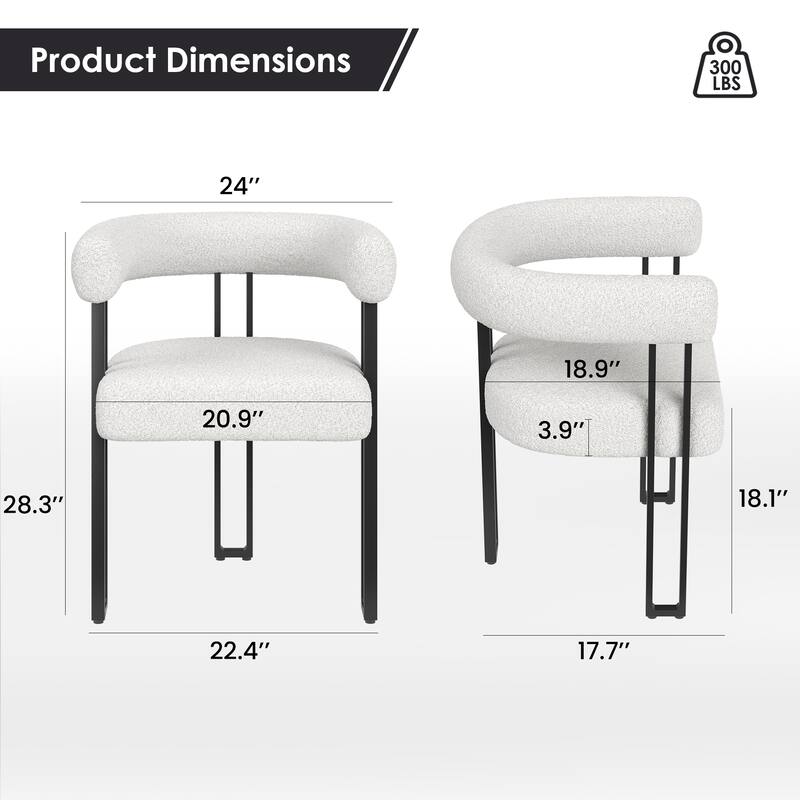 Set of 2 Upholstered Dining Chairs, Bouclé Fabric Accent Chairs with Metal Frame, with Cushioned Seat & Back
