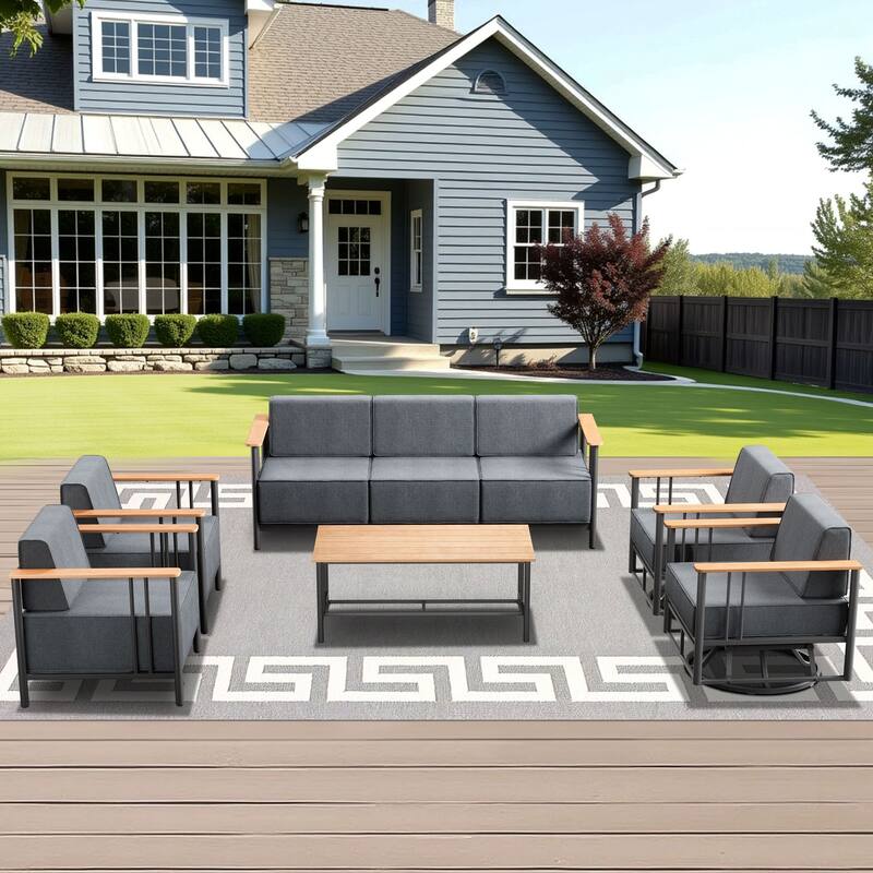 Outdoor Patio Funiture Set with Extra-Thick Seat cushion - Black & Dark Grey Cushion - 6PCS Sofa Chair with Table