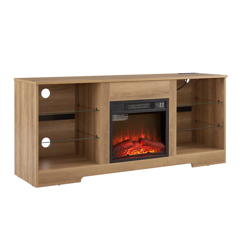 TV Stand Electric Fireplace Glass Shelves, 3D Fireplace TV Stand with LED Lights Wood with USB Charging Outlet