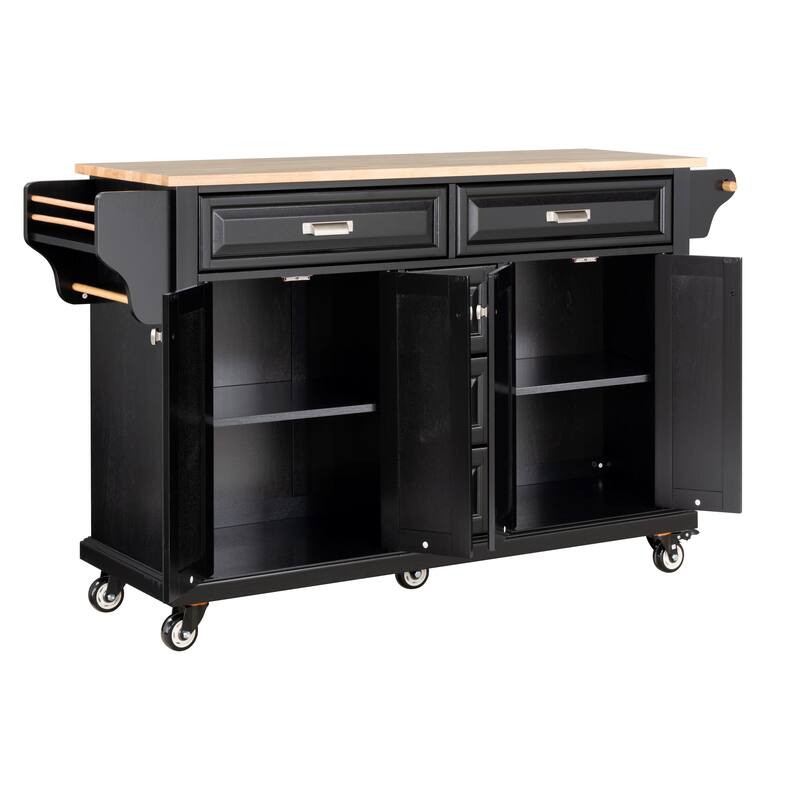 Kitchen Island with Rubber wood Countertop, Kitchen Cart on 5 Wheels with Storage Cabinet and 5 Drawers for Dinning Room