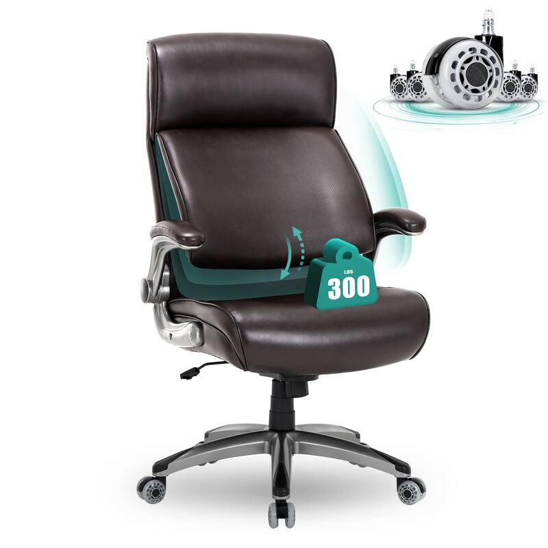 Big & Tall Office Chair 300lbs - Ergonomic High Back with Lumbar Support, Flip-Up Arms & Leather Cushion
