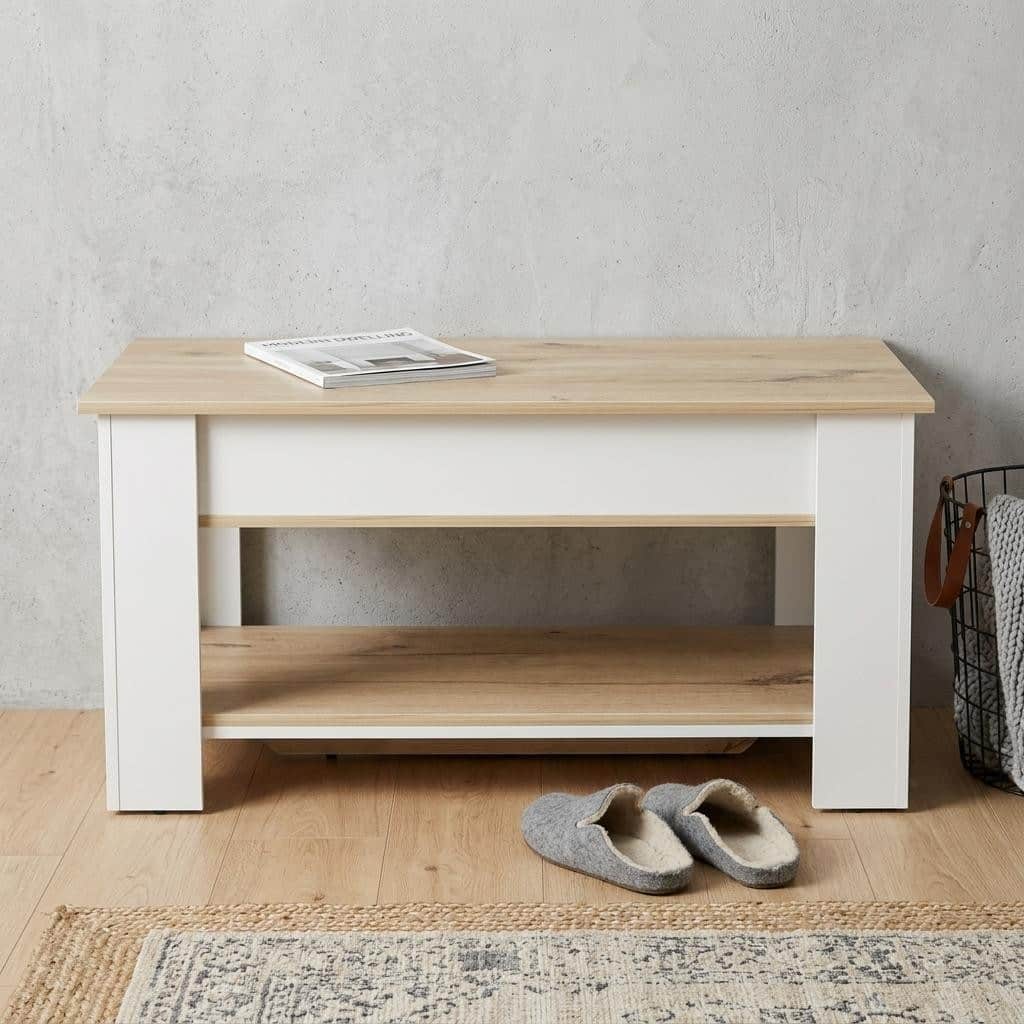 HomeRoots 40" Natural and White Wood Storage Bench With Flip Top Shoe Storage And Shelves - 40.00 in. x 20.20 in. x 20.00 in.