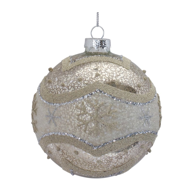 Glittered Snowflake Christmas Ball Ornaments 4" 100mm Beige Silver 6ct