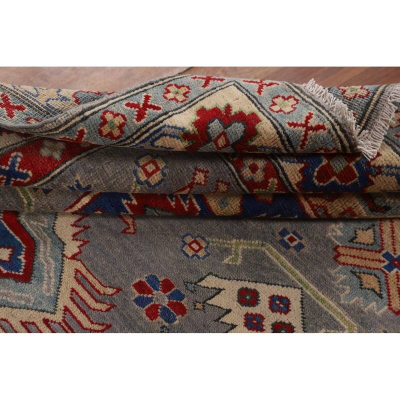 Gray Geometric Kazak Area Rug Hand-Knotted Wool Carpet - 5'2" x 6'7"