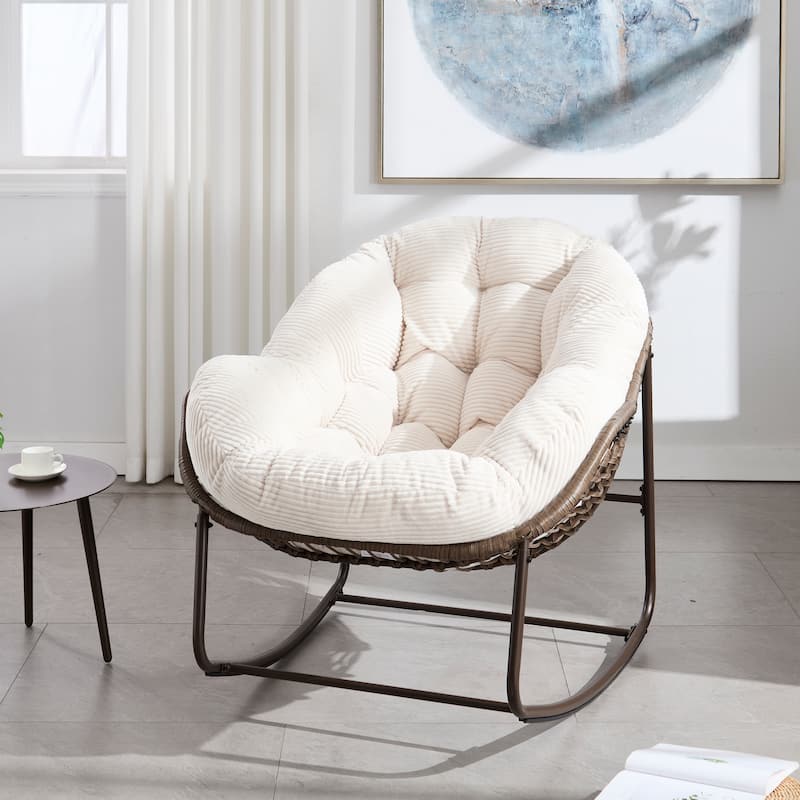 Outdoor Rattan Rocking Chair,Padded Cushion Rocker Recliner Chair Outdoor for Front Porch, Living Room, Patio, Garden