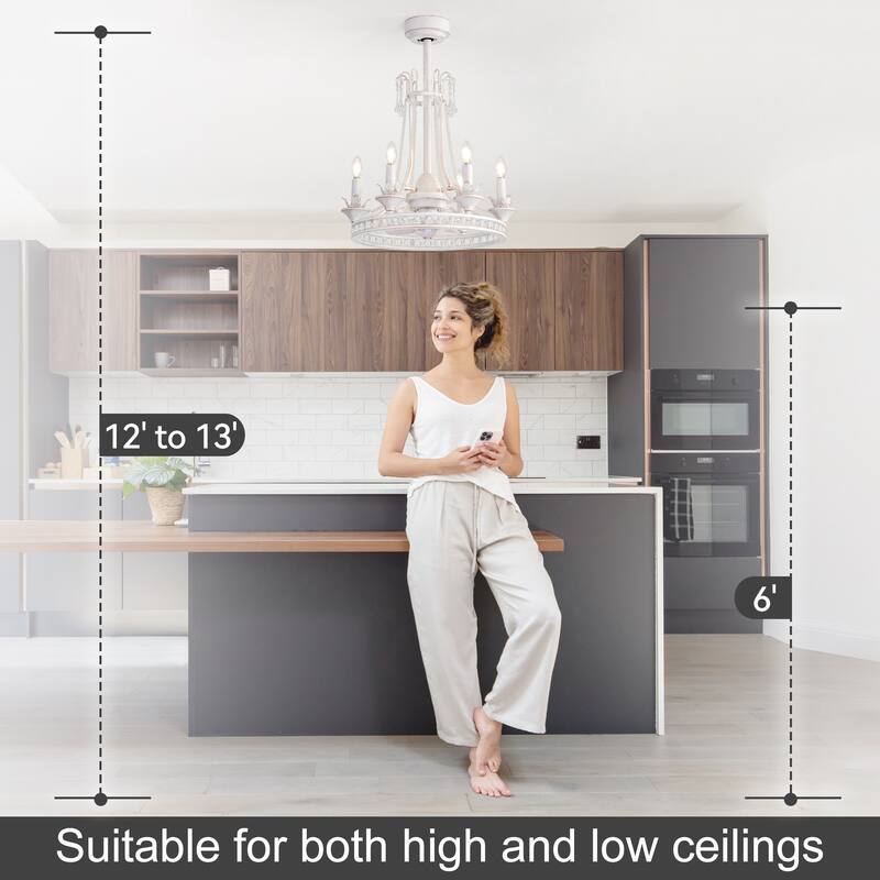 22-Inch Distressed White 7-Blade Crystal Chandelier Ceiling Fan with Light and Remote