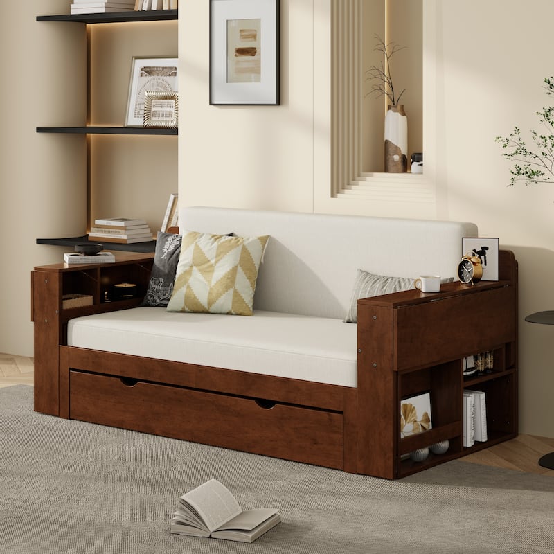 Full Size Daybed with Removable Desk, Storage Drawers & Hydraulic Side Table - Espresso